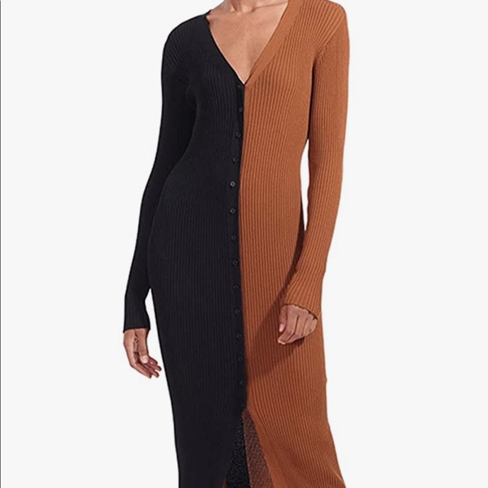 Color Block Cardigan Sweater Dress V Neck Long Sleeve